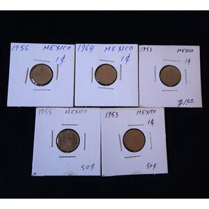 Vintage Lot of 5 Mexico Un Centavo Centavos 1 Cent 1953 - 1964 Mexican Coins